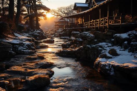 Premium Ai Image Winter Sun Romantic Lonely Cabin In The Woods