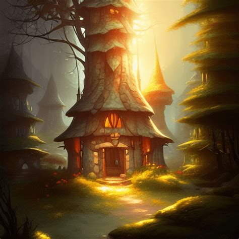 Forest Cottage Tower Elven Village Well Rendered Digital Painting By