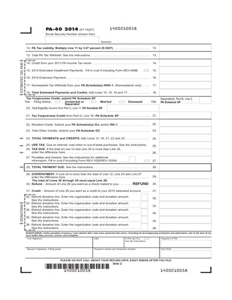 Pa 40 2014 Pennsylvania Income Tax Return Free Download