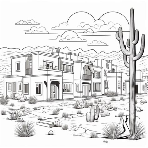 Premium Photo A Black And White Drawing Of A Desert Town With A