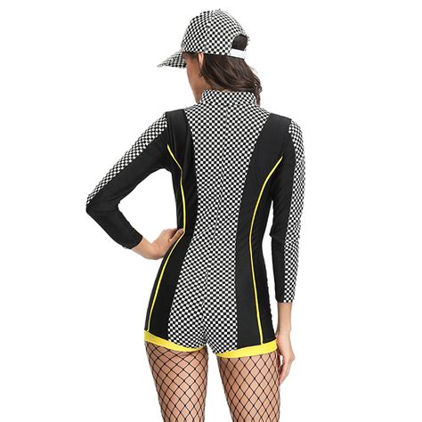 Sexy Racer Girl Check Print Long Sleeve Stretchy Bodysuit Cosplay