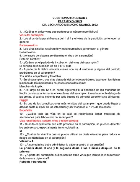 Cuestionario 20 Unidad 203 20 Paramyxovirus CUESTIONARIO UNIDAD 3