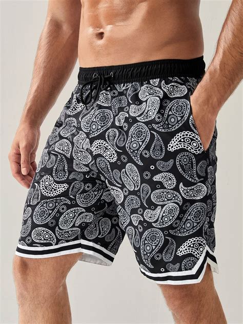 Men Paisley Print Striped Trim Grommet Drawstring Waist Swim Trunks In