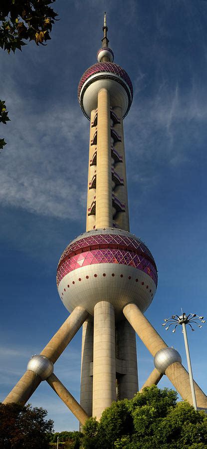 Oriental Pearl Radio Tv Tower At Sunset With Street Lamp In Sh