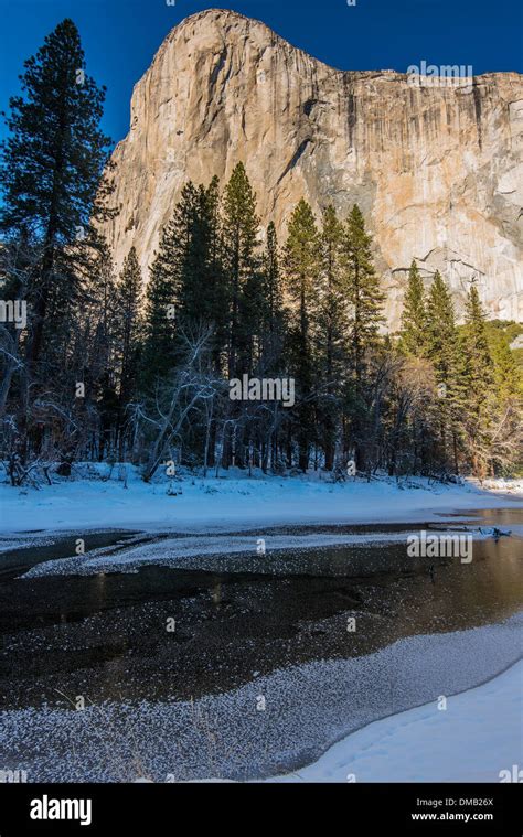 Winter Landscape With Tenaya Creek And El Capitan Mountain Behind