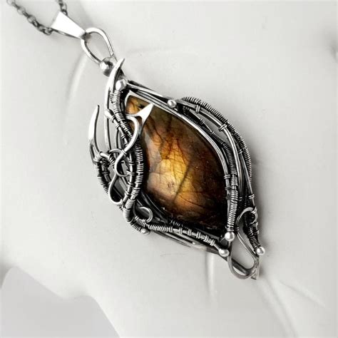 naszyjnik srebrny labradoryt wire wrapping Naszyjniki Biżuteria w