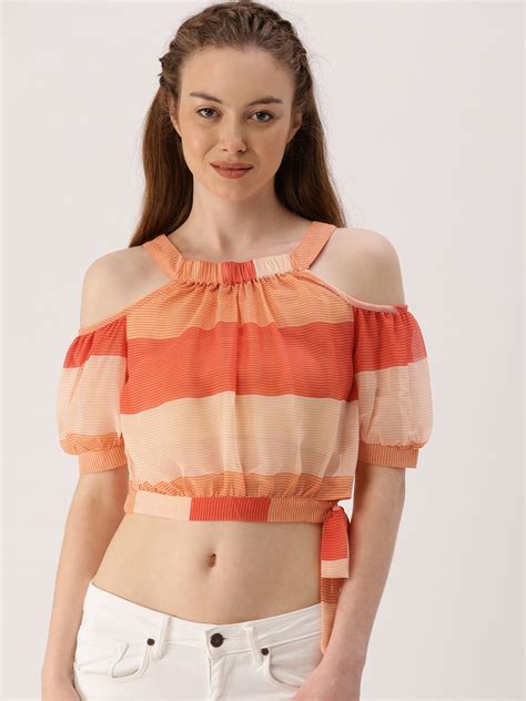 Orange Striped Sheer Blouson Crop Top Tommy Hilfiger Crop Top Crop