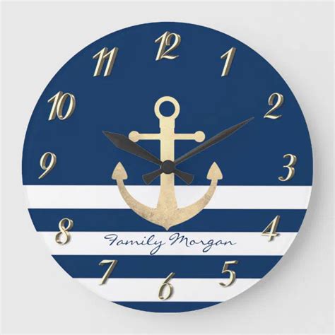 Nautical Gold Anchor Navy Blue Striped Large Clock Zazzle