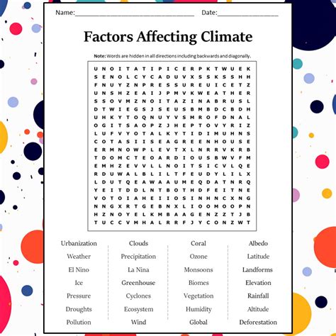 Factors Affecting Climate Word Search Puzzle Worksheet Activity