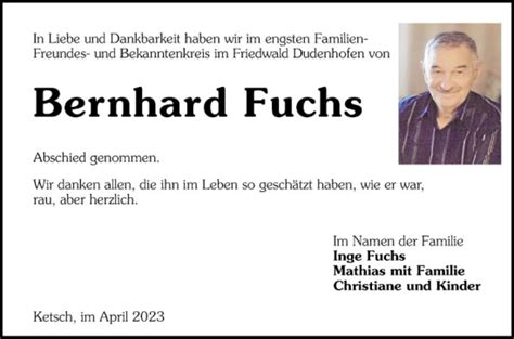 Traueranzeigen Von Bernhard Fuchs Trauerportal Ihrer Tageszeitung