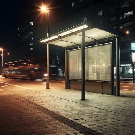 Premium Photo A Bus Stop At Night With A Green Sign Above It