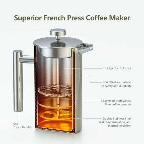 Cafetière à Piston en Acier Inoxydable 1L Presse française avec Triple