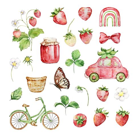 Premium Vector Watercolor Bright Red Strawberry Berry Set