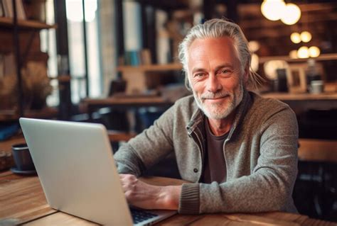 Premium AI Image Attractive Mature Caucasian Man Sitting In Front Of A Laptop Smiling