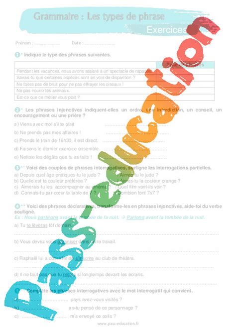 Les Types De Phrase Me Exercices Avec Les Corrig S Pdf Imprimer