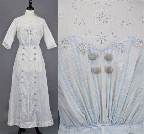 Antique Edwardian Dress S Blue Striped Embroidered Cotton Eyelet