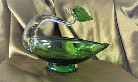 Vintage Mid Century Green Art Glass Swan Dish Etsy