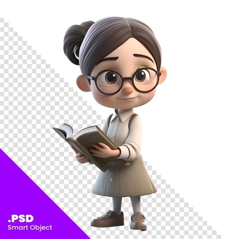 Premium Psd 3d Illustration Of A Cute Cartoon Girl With Glasses Reading A Book Psd Template