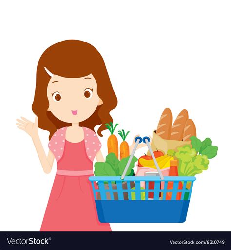 Cute Girl Holding Shopping Baskets Full Eating Vector Image