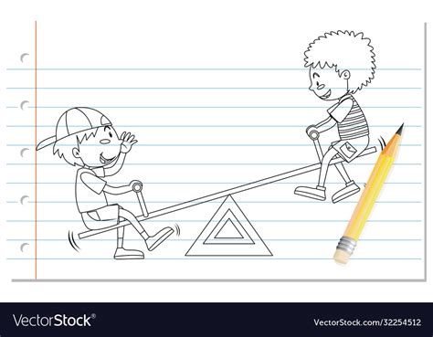 Hand drawing boy playing seesaw outline Royalty Free Vector