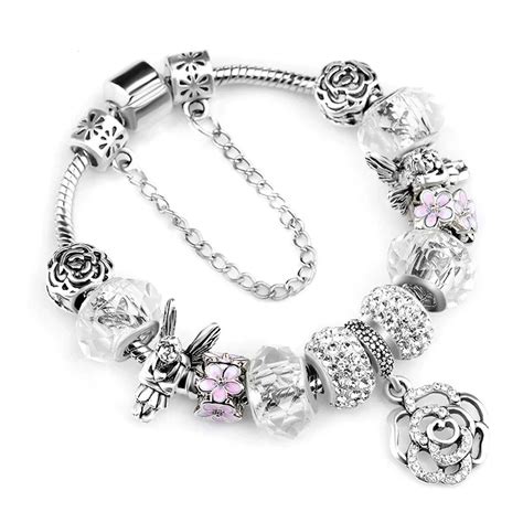 Silver Color Rose Charms Bracelet Bangle For Women Diy Crystal Beads