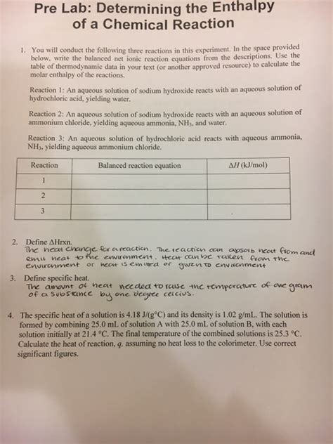 Determining The Enthalpy Of A Chemical Reaction Pre Lab Answers