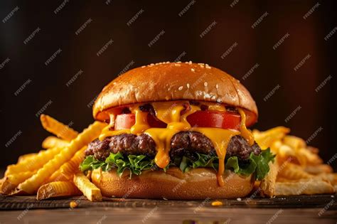 Premium Photo Delicious Cheeseburger With French Fries