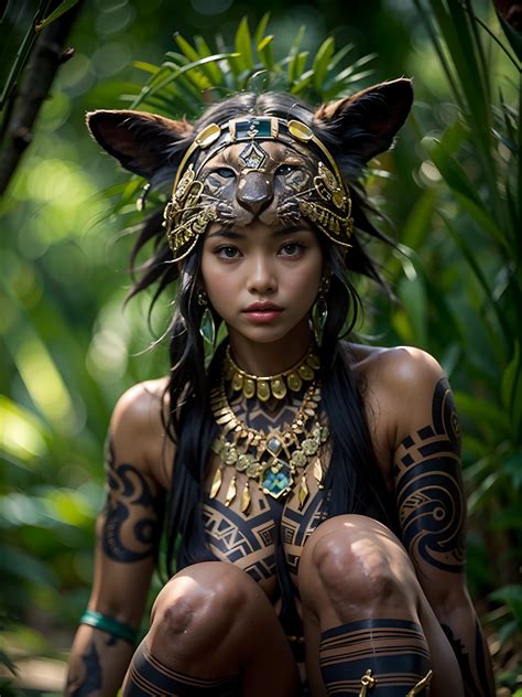 Teenage Borneo Indigenous Girl Slender Abs Wearing Tribal