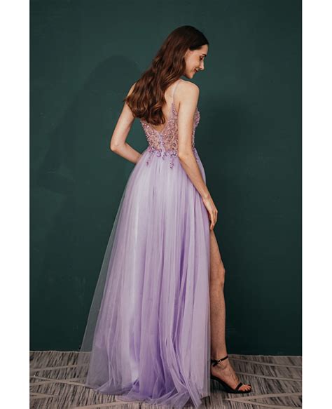 Sexy V Neck Long Slit Lavender Prom Dress With See Through Lace Beading