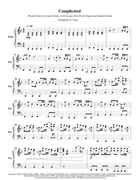 Complicated Arr G Tiago Sheet Music Avril Lavigne Piano Solo