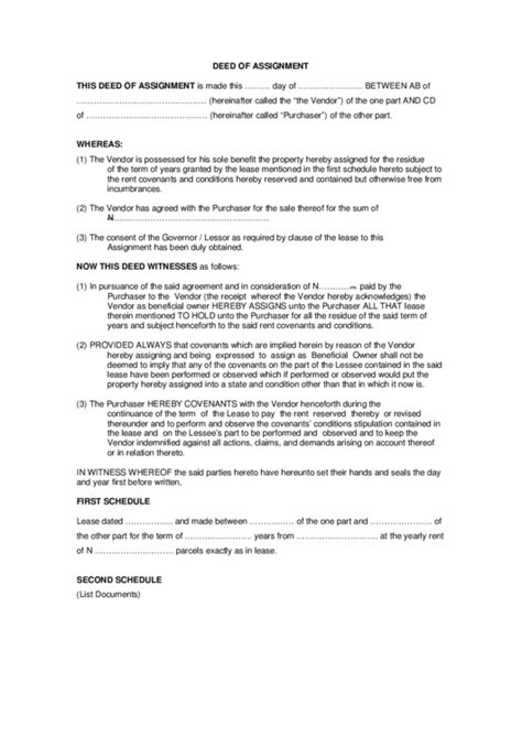 Deed Of Assignment Printable Pdf Download