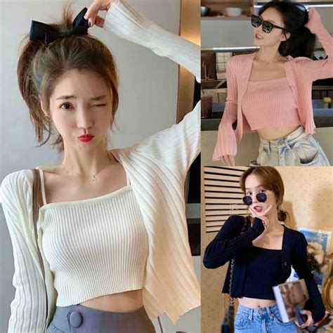 Korean Knitted Cardigan 2 In 1 Set Blazer And Camisole Top For Womens