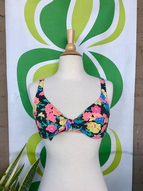 Vintage 1990s Black Neon Floral Bow Tie Bikini Top Retro 80s 90s