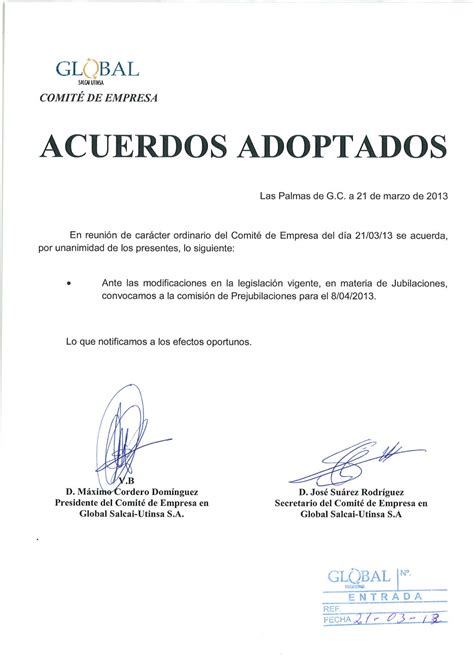 Comité de Empresa Global Salcai Utinsa Acuerdos Adoptados 21 03 2013