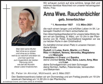 Traueranzeigen Von Anna Rauchenbichler Trauer Bz