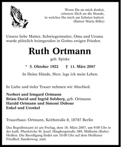 Traueranzeigen Von Ruth Ortmann Trauer In NRW De