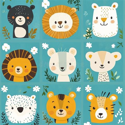 Cute Cartoon Animal Characters In A Seamless Repeat Pattern Stock