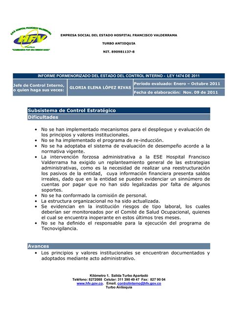 Informe Pormenorizado Del Estado Del Control Interno Enero Octubre Pdf