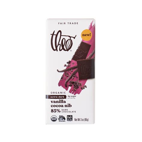 Theo Chocolate Organic 85 Dark Chocolate Bar Vanilla Cocoa Nib 3 Oz