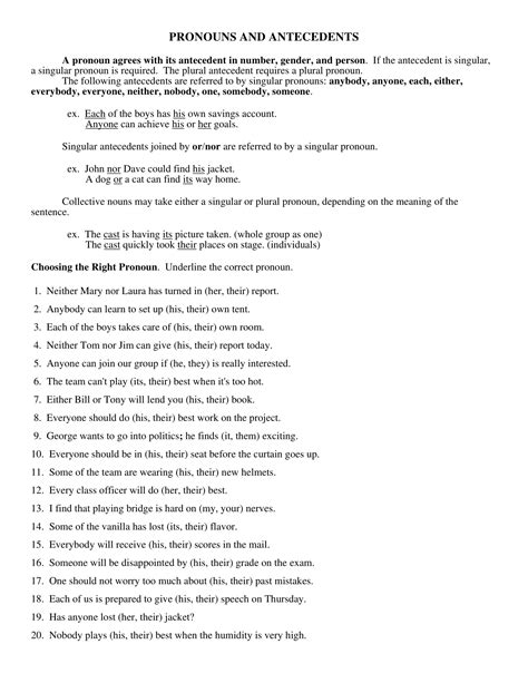 Pronoun Antecedent Worksheet Grade