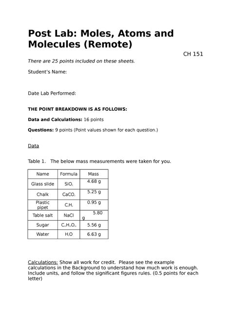 Lab Post Lab Moles Atoms And Molecules Remote Ch There Are