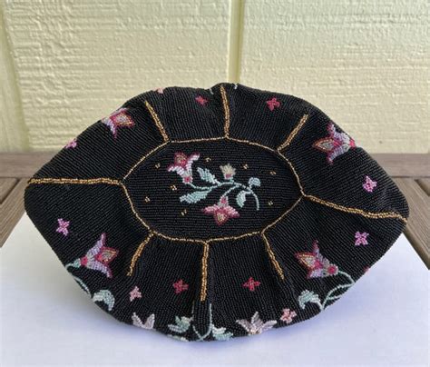 French 50s Vintage Embroidered Beaded Black And Pink Gem