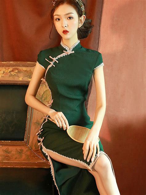 Green Midi Modern Qipao Cheongsam Dress With Lace Trim Imallure Imallure