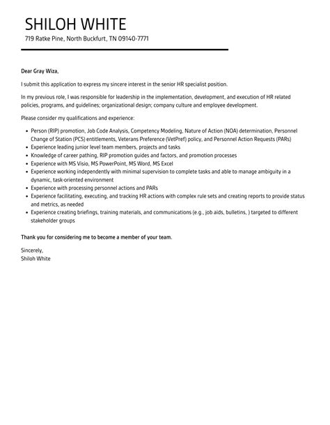 Senior Hr Specialist Cover Letter Velvet Jobs