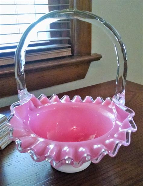 Fenton Pink And White Ruffle Edge Basket Peach Crest Clear Glass Handle Wedding Basket