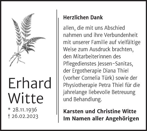 Traueranzeigen Von Erhard Witte Abschied Nehmen De