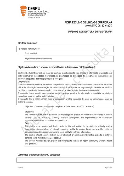 PDF FICHA RESUMO DE UNIDADE CURRICULAR Cespu Pt And Guidelines