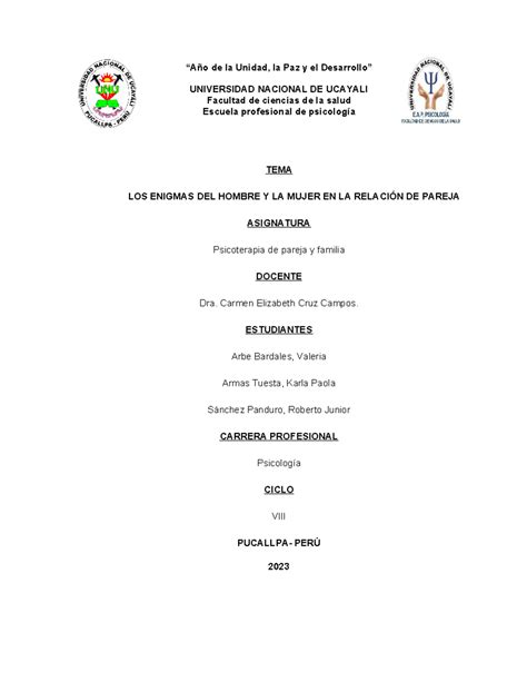 Grupo N°3 Enigmas Del Hombre Y La Mujer En La Relación De Pareja “año De La Unidad La Paz Y