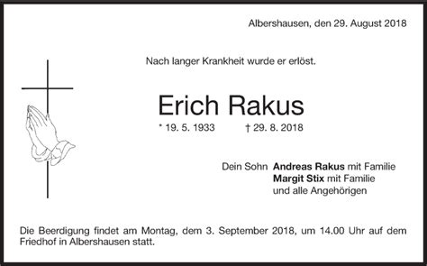 Traueranzeigen Von Erich Rakus S Dwest Presse Trauer