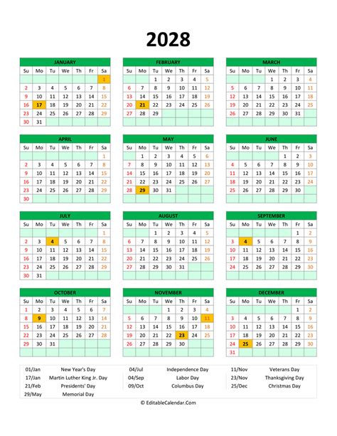 Editable 2028 Calendar With with Holidays